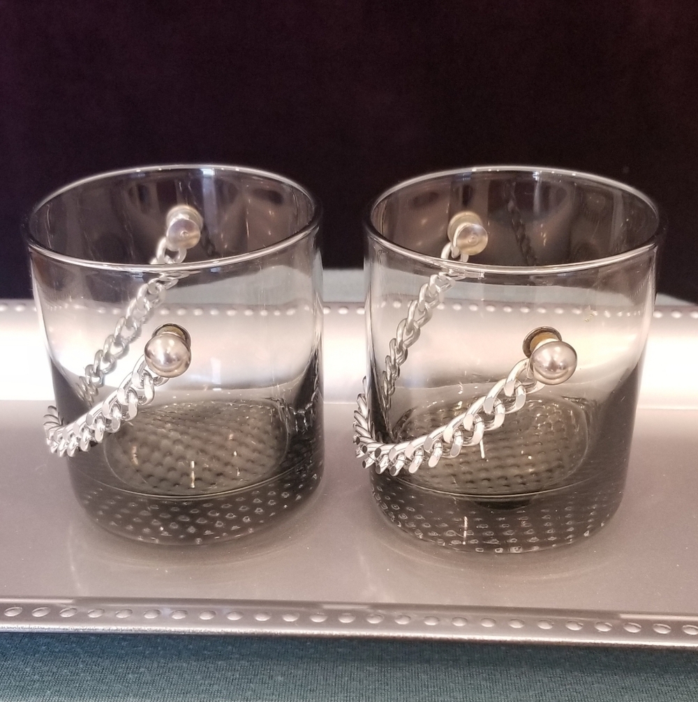 Unique Mid Century Modern Smoke Grey Lowball Cocktail Glass & Silver Chains.
